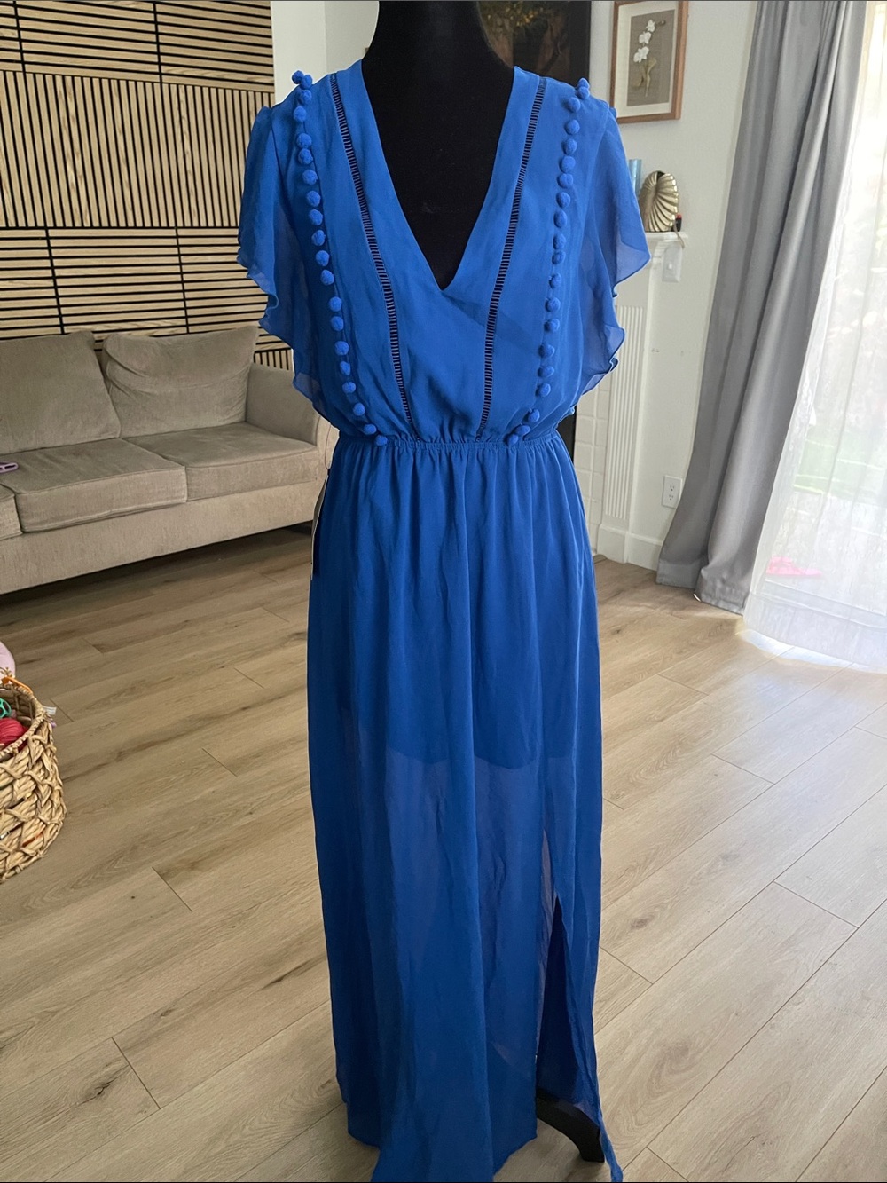 bebe Royal Blue V-Neck Pom-Trim Maxi Dress